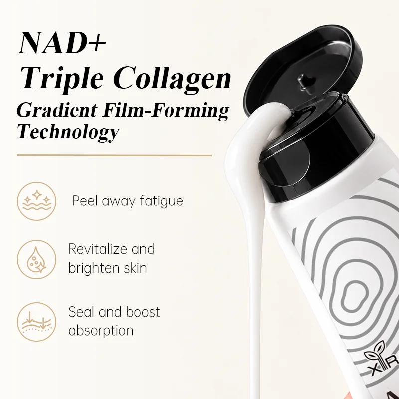 A skincare product bottle with an open cap, dispensing a creamy product, highlighting NAD+ triple collagen technology for fatigue reduction, skin revitalization, and absorption boosting.